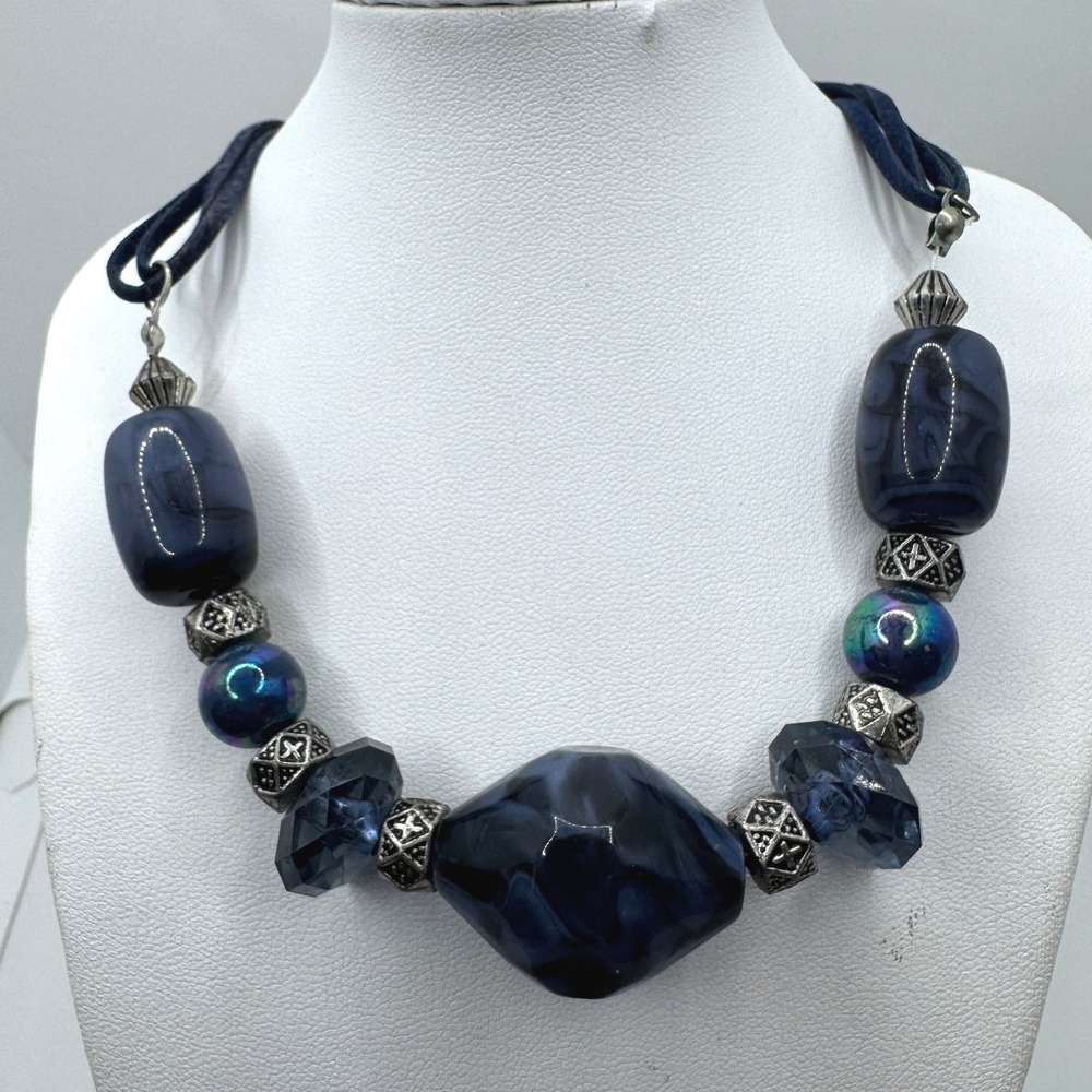 Navy Blue Chunky Mixed Bead Statement Necklace Silver Tone Accents Adjustable